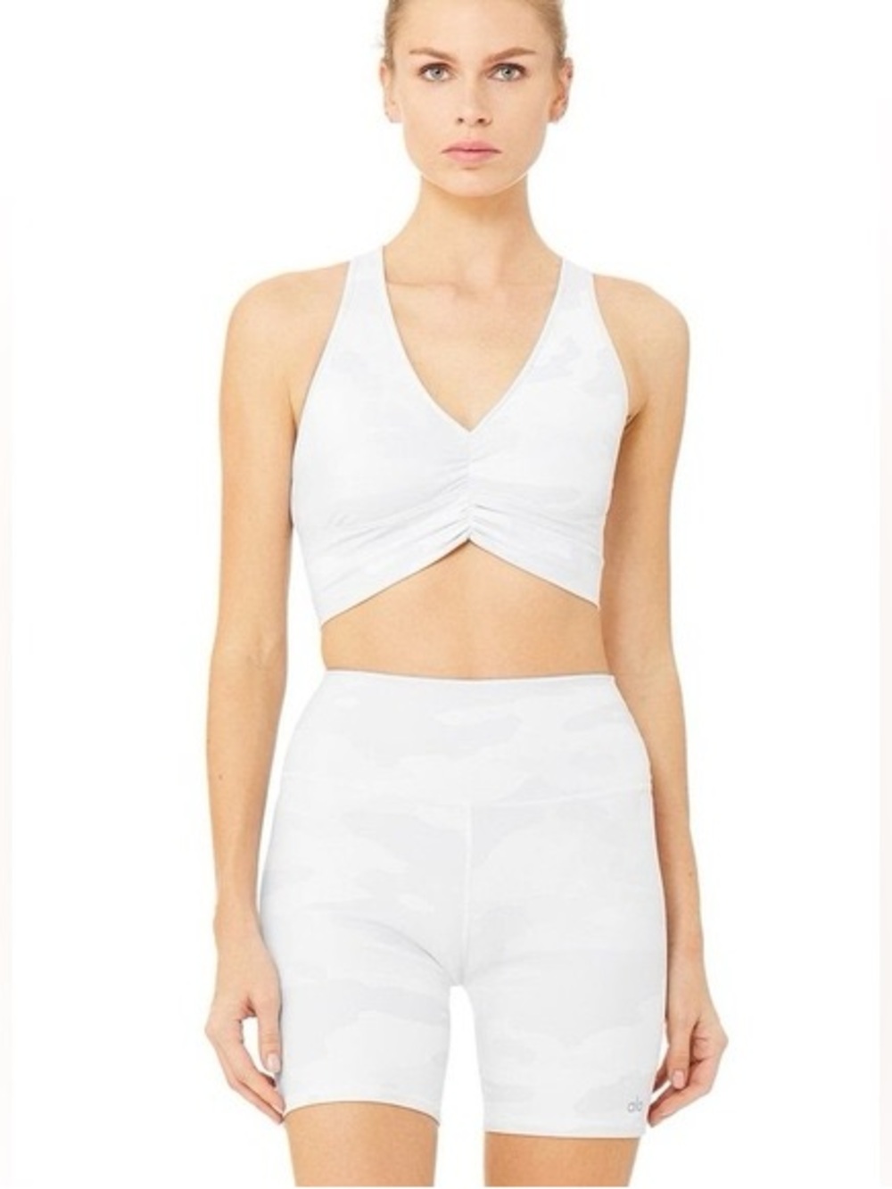 Seamless White V-Neck Ruched Sports Bra and Shorts set ALO